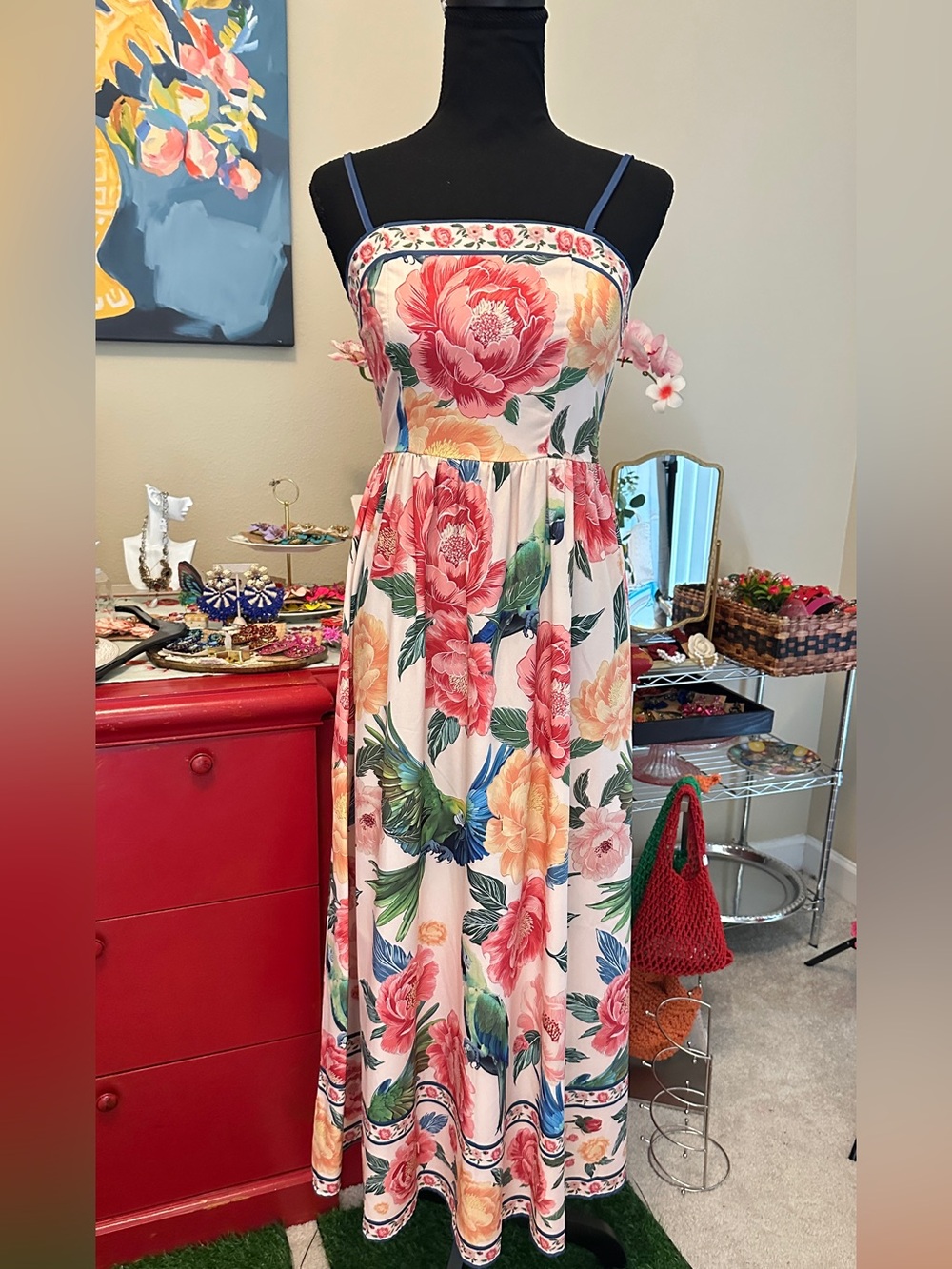 Floral Spaghetti-Strap Maxi Dress in Pink and Coral